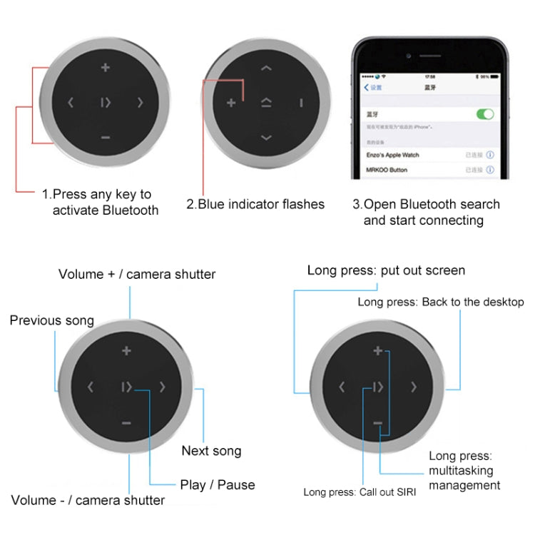 Controlador inalámbrico Bluetooth para coche, mando a distancia multifuncional Multimedia para teléfono móvil, RXW-1 (Black), RXW-1 (Silver)