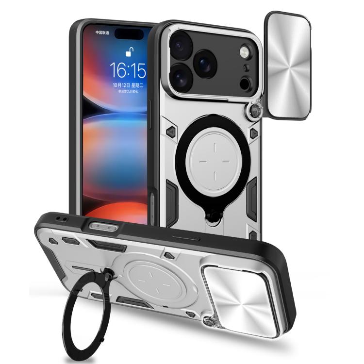Estuche para teléfono con soporte magnético Camshield deslizante con textura de CD, For iPhone 18 Pro, For iPhone 18 Pro Max, For iPhone 17e / 16e, For iPhone 17 Pro Max, For iPhone 17 Pro, For iPhone 17, For iPhone Air, For iPhone 16 Pro Max