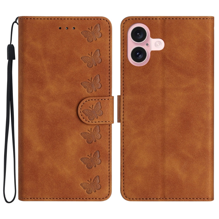 Estuche para teléfono de cuero con relieve de siete mariposas, For iPhone 16, For iPhone 15 Pro Max, For iPhone 15 Pro, For iPhone 15 Plus, For iPhone 15, For iPhone 14 Plus, For iPhone 14, For iPhone 14 Pro