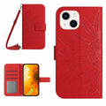 Skin Feel Sun Flower Estuche de cuero con tapa en relieve para teléfono con cordón, For iPhone 15