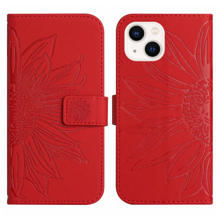 Skin Feel Sun Flower Estuche de cuero con tapa en relieve para teléfono con cordón, For iPhone 15
