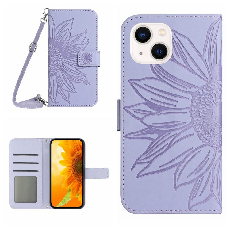 Skin Feel Sun Flower Estuche de cuero con tapa en relieve para teléfono con cordón, For iPhone 15