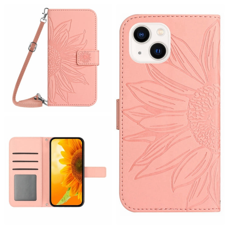 Skin Feel Sun Flower Estuche de cuero con tapa en relieve para teléfono con cordón, For iPhone 15