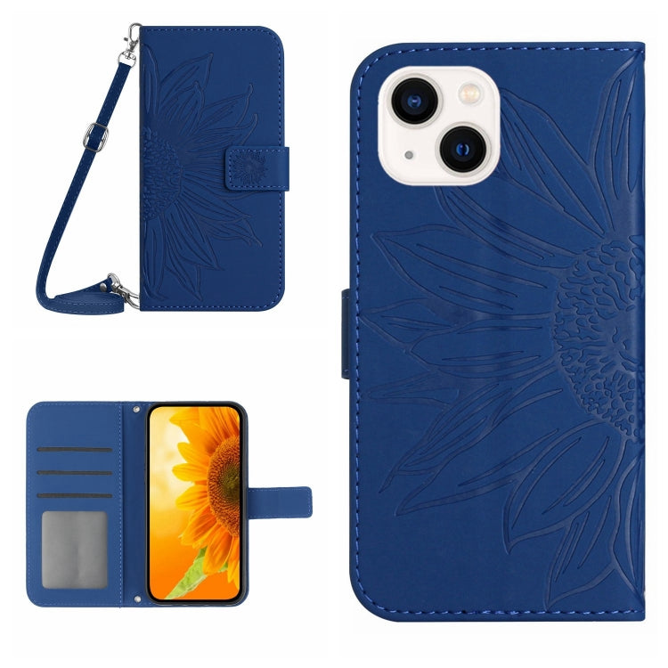 Skin Feel Sun Flower Estuche de cuero con tapa en relieve para teléfono con cordón, For iPhone 15
