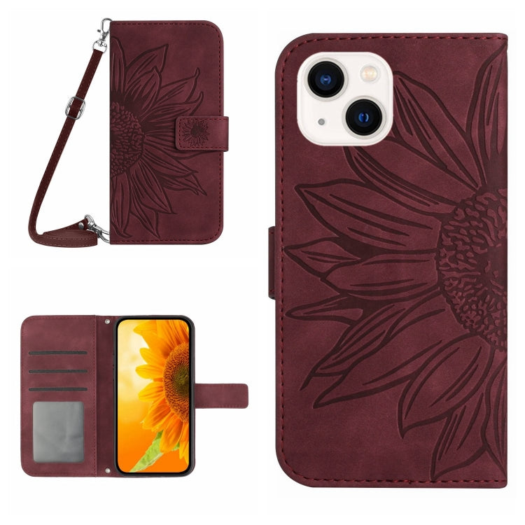 Skin Feel Sun Flower Estuche de cuero con tapa en relieve para teléfono con cordón, For iPhone 15