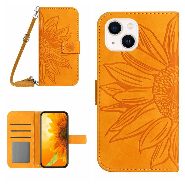 Skin Feel Sun Flower Estuche de cuero con tapa en relieve para teléfono con cordón, For iPhone 15