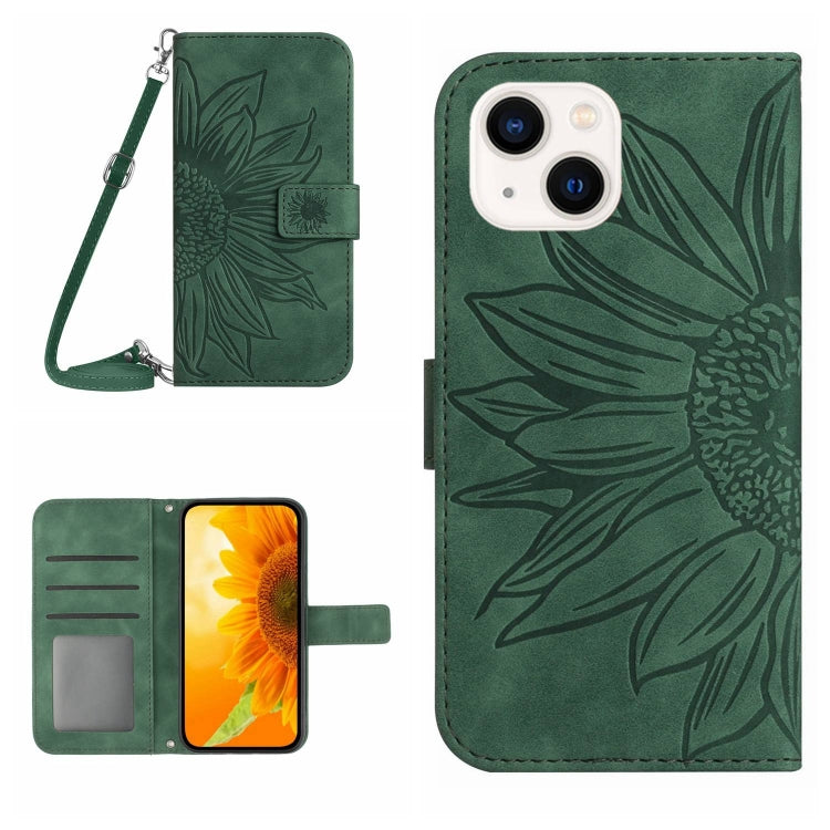 Skin Feel Sun Flower Estuche de cuero con tapa en relieve para teléfono con cordón, For iPhone 15