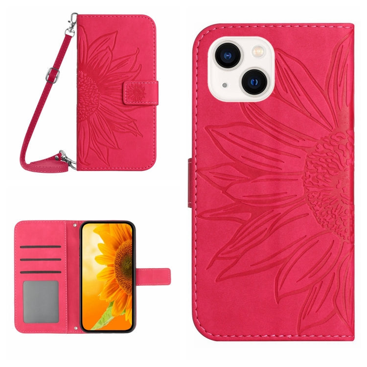 Skin Feel Sun Flower Estuche de cuero con tapa en relieve para teléfono con cordón, For iPhone 15