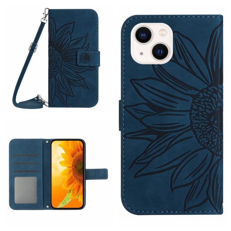 Skin Feel Sun Flower Estuche de cuero con tapa en relieve para teléfono con cordón, For iPhone 15