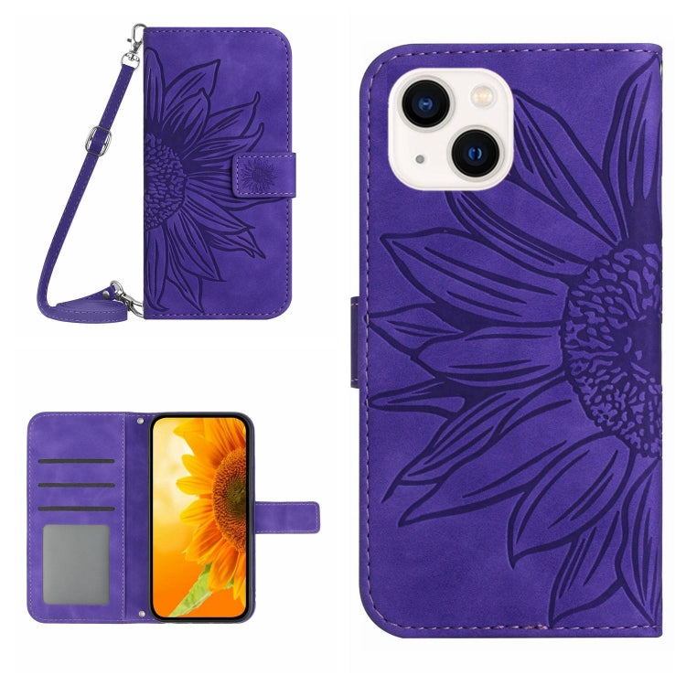 Skin Feel Sun Flower Estuche de cuero con tapa en relieve para teléfono con cordón, For iPhone 15