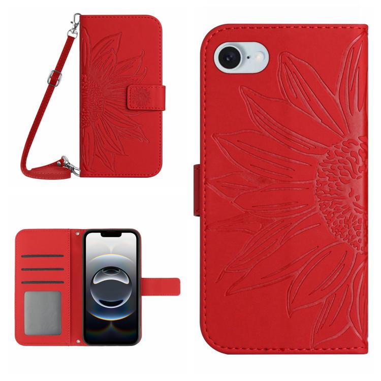 Skin Feel Sun Flower Estuche de cuero con tapa en relieve para teléfono con cordón, For iPhone 17e / 16e, For iPhone 17 Pro Max, For iPhone 17 Pro, For iPhone 17