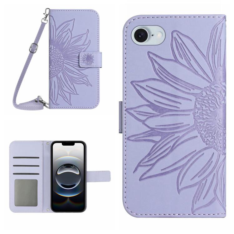 Skin Feel Sun Flower Estuche de cuero con tapa en relieve para teléfono con cordón, For iPhone 17e / 16e, For iPhone 17 Pro Max, For iPhone 17 Pro, For iPhone 17