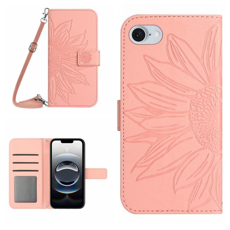 Skin Feel Sun Flower Estuche de cuero con tapa en relieve para teléfono con cordón, For iPhone 17e / 16e, For iPhone 17 Pro Max, For iPhone 17 Pro, For iPhone 17