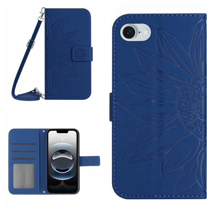 Skin Feel Sun Flower Estuche de cuero con tapa en relieve para teléfono con cordón, For iPhone 17e / 16e, For iPhone 17 Pro Max, For iPhone 17 Pro, For iPhone 17