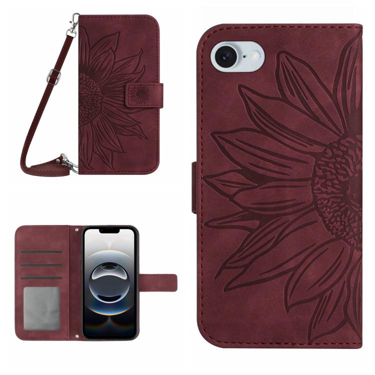 Skin Feel Sun Flower Estuche de cuero con tapa en relieve para teléfono con cordón, For iPhone 17e / 16e, For iPhone 17 Pro Max, For iPhone 17 Pro, For iPhone 17