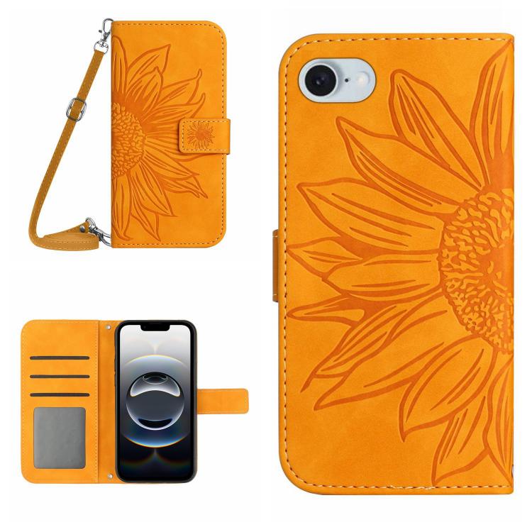 Skin Feel Sun Flower Estuche de cuero con tapa en relieve para teléfono con cordón, For iPhone 17e / 16e, For iPhone 17 Pro Max, For iPhone 17 Pro, For iPhone 17