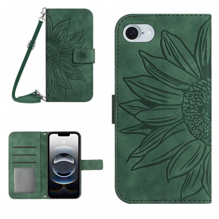 Skin Feel Sun Flower Estuche de cuero con tapa en relieve para teléfono con cordón, For iPhone 17e / 16e, For iPhone 17 Pro Max, For iPhone 17 Pro, For iPhone 17