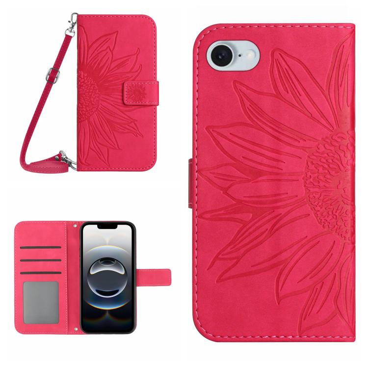 Skin Feel Sun Flower Estuche de cuero con tapa en relieve para teléfono con cordón, For iPhone 17e / 16e, For iPhone 17 Pro Max, For iPhone 17 Pro, For iPhone 17