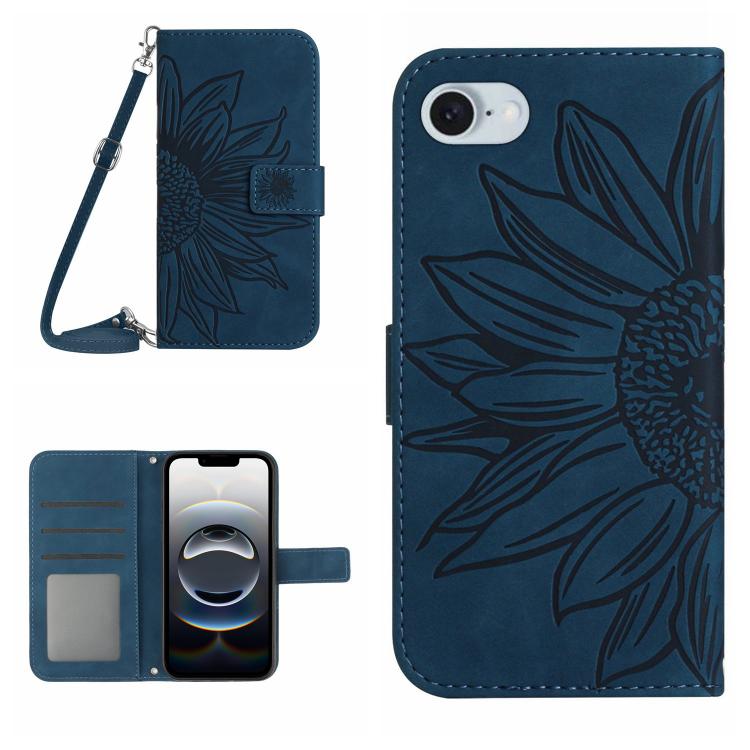 Skin Feel Sun Flower Estuche de cuero con tapa en relieve para teléfono con cordón, For iPhone 17e / 16e, For iPhone 17 Pro Max, For iPhone 17 Pro, For iPhone 17