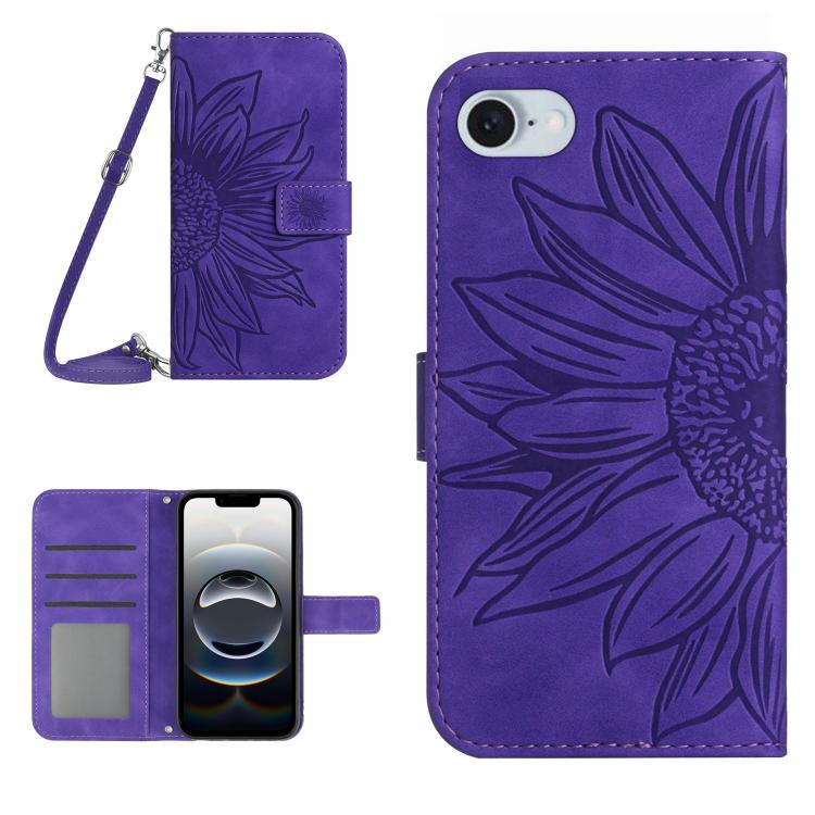 Skin Feel Sun Flower Estuche de cuero con tapa en relieve para teléfono con cordón, For iPhone 17e / 16e, For iPhone 17 Pro Max, For iPhone 17 Pro, For iPhone 17