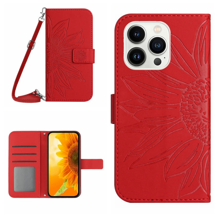 Skin Feel Sun Flower Estuche de cuero con tapa en relieve para teléfono con cordón, For iPhone Air, For iPhone 16 Pro Max, For iPhone 16 Pro, For iPhone 16 Plus