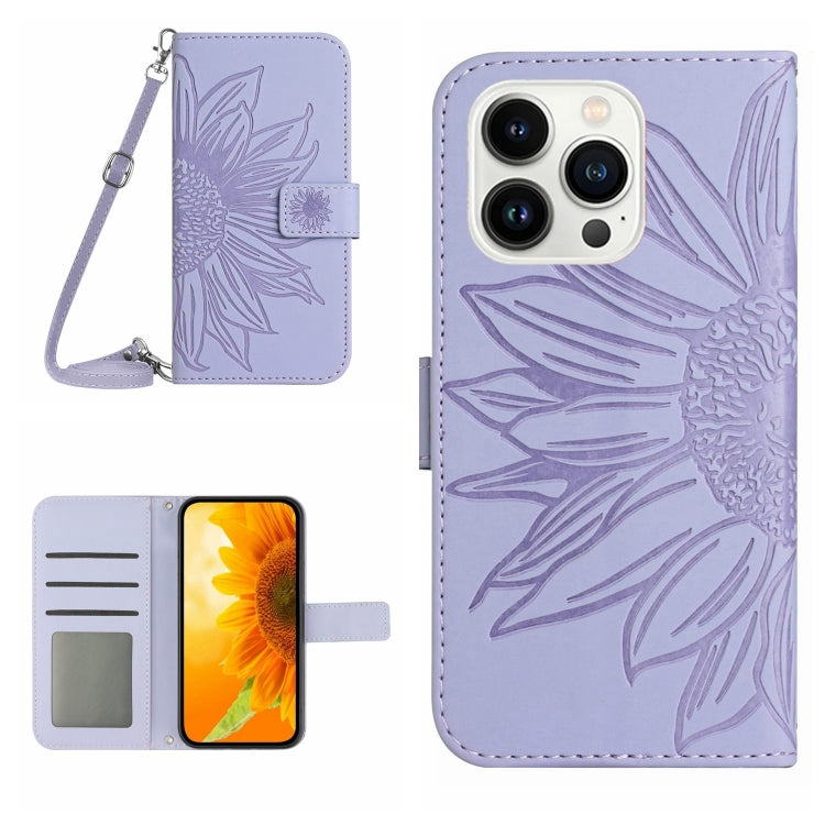 Skin Feel Sun Flower Estuche de cuero con tapa en relieve para teléfono con cordón, For iPhone Air, For iPhone 16 Pro Max, For iPhone 16 Pro, For iPhone 16 Plus