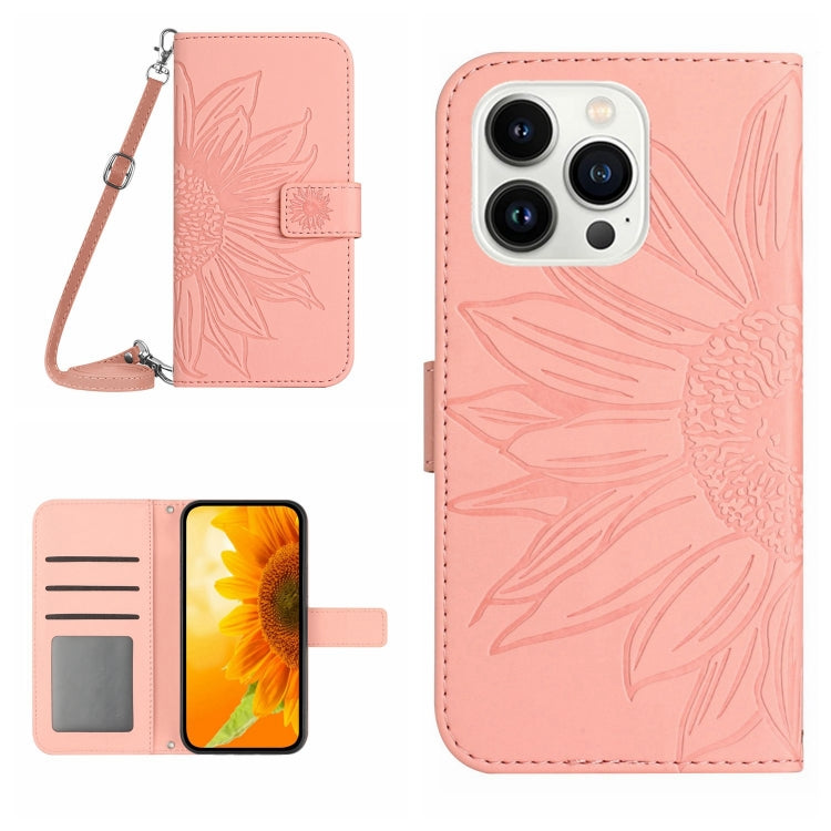 Skin Feel Sun Flower Estuche de cuero con tapa en relieve para teléfono con cordón, For iPhone Air, For iPhone 16 Pro Max, For iPhone 16 Pro, For iPhone 16 Plus