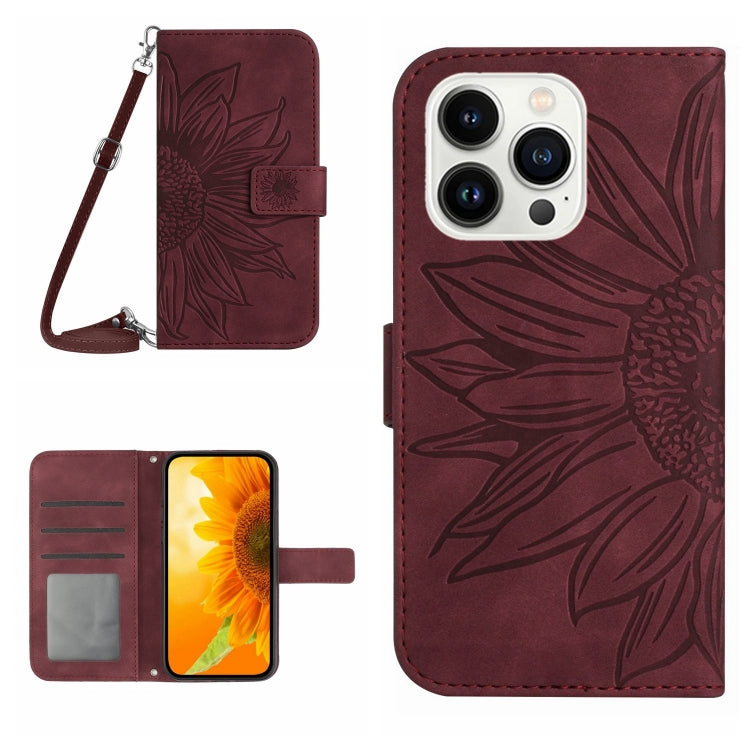 Skin Feel Sun Flower Estuche de cuero con tapa en relieve para teléfono con cordón, For iPhone Air, For iPhone 16 Pro Max, For iPhone 16 Pro, For iPhone 16 Plus