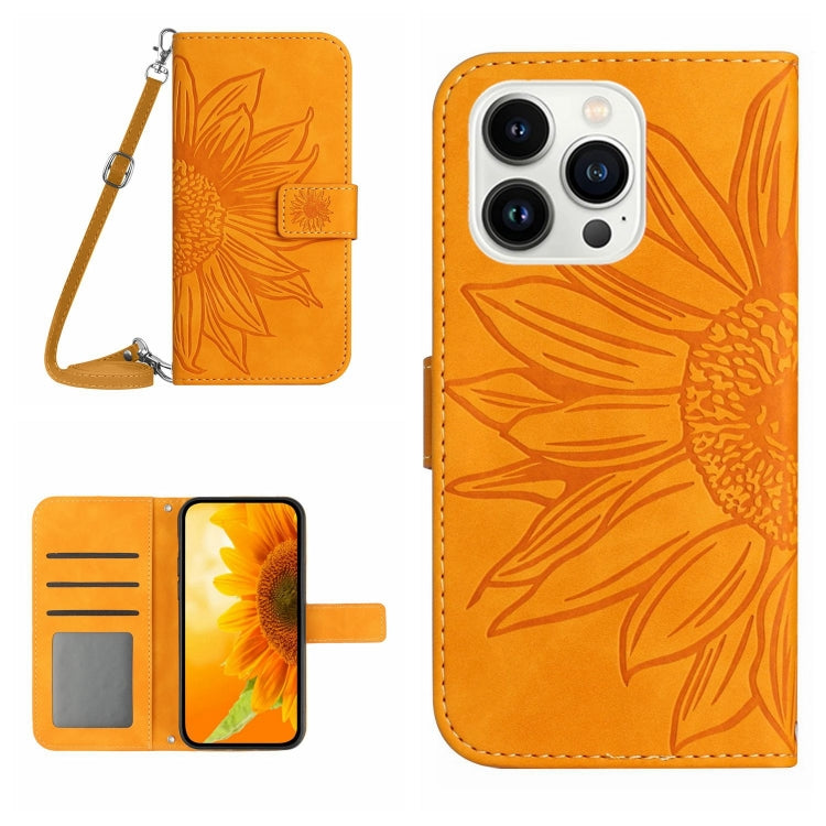 Skin Feel Sun Flower Estuche de cuero con tapa en relieve para teléfono con cordón, For iPhone Air, For iPhone 16 Pro Max, For iPhone 16 Pro, For iPhone 16 Plus