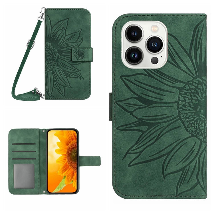 Skin Feel Sun Flower Estuche de cuero con tapa en relieve para teléfono con cordón, For iPhone Air, For iPhone 16 Pro Max, For iPhone 16 Pro, For iPhone 16 Plus