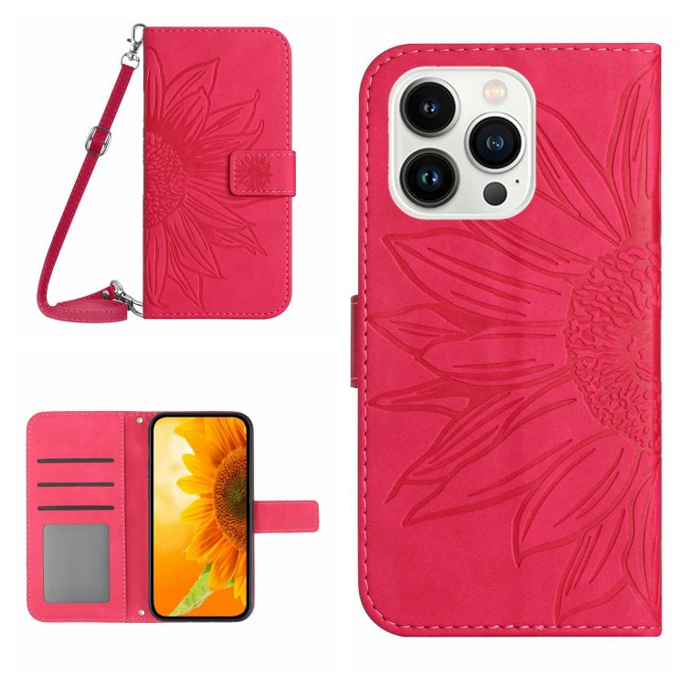Skin Feel Sun Flower Estuche de cuero con tapa en relieve para teléfono con cordón, For iPhone Air, For iPhone 16 Pro Max, For iPhone 16 Pro, For iPhone 16 Plus