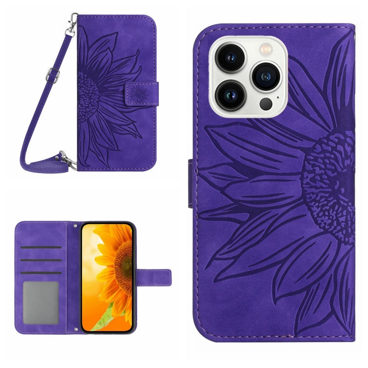 Skin Feel Sun Flower Estuche de cuero con tapa en relieve para teléfono con cordón, For iPhone Air, For iPhone 16 Pro Max, For iPhone 16 Pro, For iPhone 16 Plus