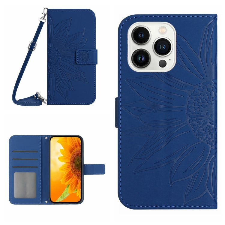 Skin Feel Sun Flower Estuche de cuero con tapa en relieve para teléfono con cordón, For iPhone Air, For iPhone 16 Pro Max, For iPhone 16 Pro, For iPhone 16 Plus