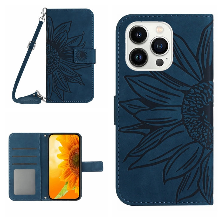 Skin Feel Sun Flower Estuche de cuero con tapa en relieve para teléfono con cordón, For iPhone Air, For iPhone 16 Pro Max, For iPhone 16 Pro, For iPhone 16 Plus
