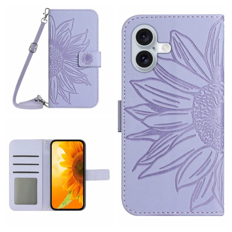 Skin Feel Sun Flower Estuche de cuero con tapa en relieve para teléfono con cordón, For iPhone Air, For iPhone 16 Pro Max, For iPhone 16 Pro, For iPhone 16 Plus
