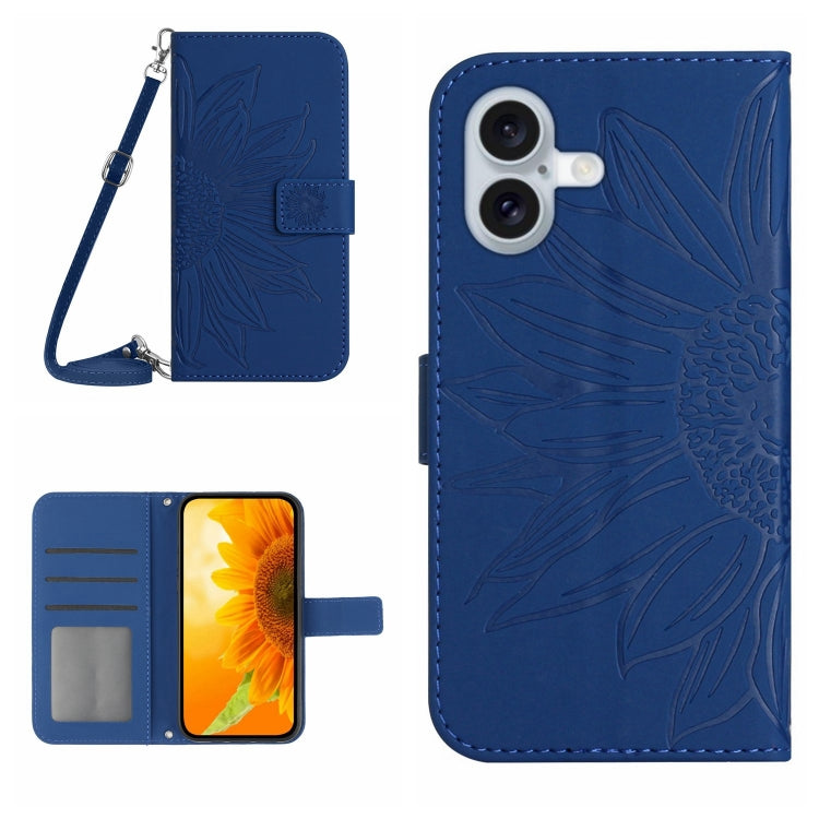 Skin Feel Sun Flower Estuche de cuero con tapa en relieve para teléfono con cordón, For iPhone Air, For iPhone 16 Pro Max, For iPhone 16 Pro, For iPhone 16 Plus