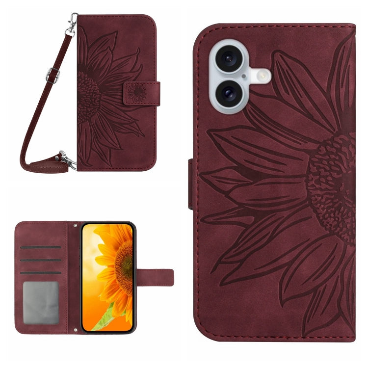 Skin Feel Sun Flower Estuche de cuero con tapa en relieve para teléfono con cordón, For iPhone Air, For iPhone 16 Pro Max, For iPhone 16 Pro, For iPhone 16 Plus