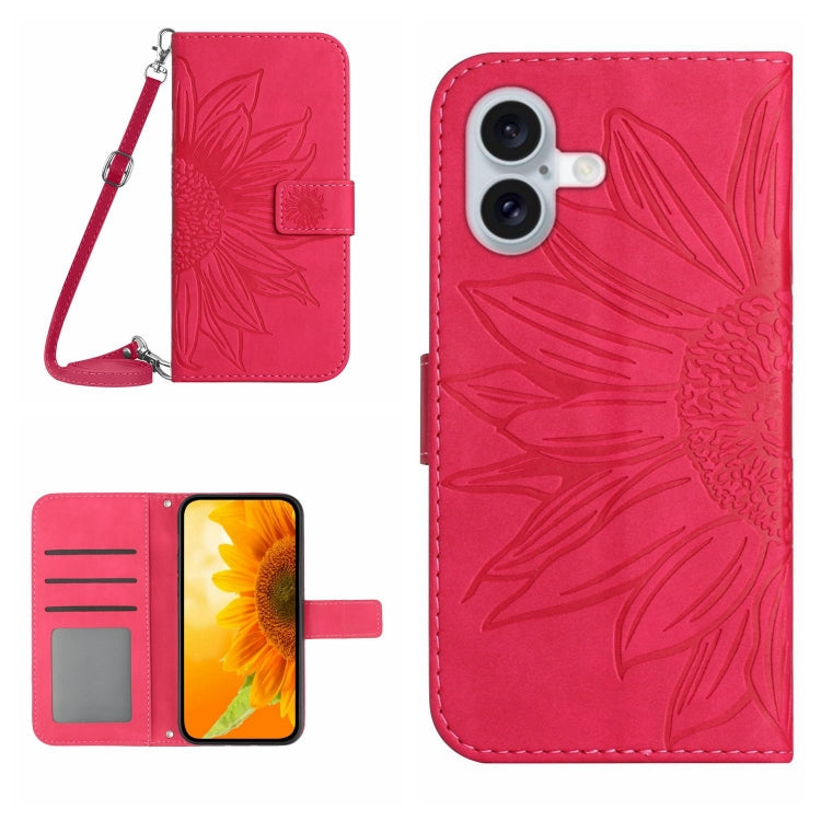 Skin Feel Sun Flower Estuche de cuero con tapa en relieve para teléfono con cordón, For iPhone Air, For iPhone 16 Pro Max, For iPhone 16 Pro, For iPhone 16 Plus