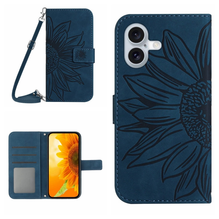 Skin Feel Sun Flower Estuche de cuero con tapa en relieve para teléfono con cordón, For iPhone Air, For iPhone 16 Pro Max, For iPhone 16 Pro, For iPhone 16 Plus