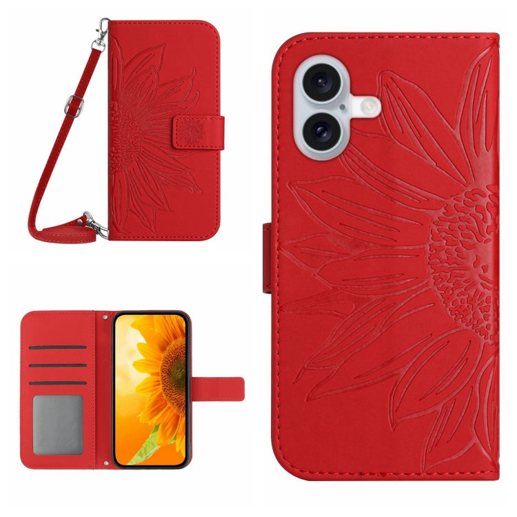 Skin Feel Sun Flower Estuche de cuero con tapa en relieve para teléfono con cordón, For iPhone 16, For iPhone 15 Pro Max, For iPhone 15 Pro, For iPhone 15 Plus