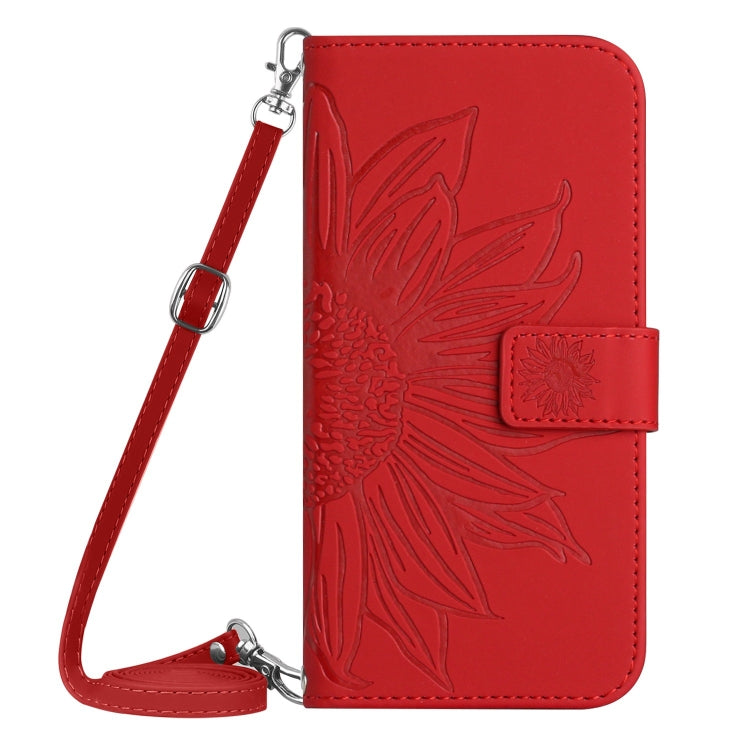 Skin Feel Sun Flower Estuche de cuero con tapa en relieve para teléfono con cordón, For iPhone 16, For iPhone 15 Pro Max, For iPhone 15 Pro, For iPhone 15 Plus