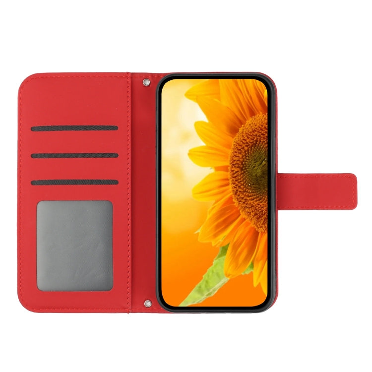 Skin Feel Sun Flower Estuche de cuero con tapa en relieve para teléfono con cordón, For iPhone 16, For iPhone 15 Pro Max, For iPhone 15 Pro, For iPhone 15 Plus