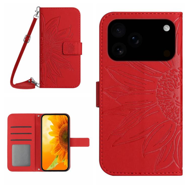 Skin Feel Sun Flower Estuche de cuero con tapa en relieve para teléfono con cordón, For iPhone 17e / 16e, For iPhone 17 Pro Max, For iPhone 17 Pro, For iPhone 17