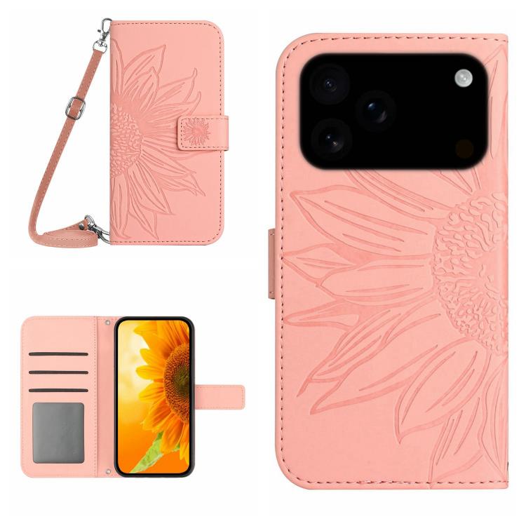 Skin Feel Sun Flower Estuche de cuero con tapa en relieve para teléfono con cordón, For iPhone 17e / 16e, For iPhone 17 Pro Max, For iPhone 17 Pro, For iPhone 17