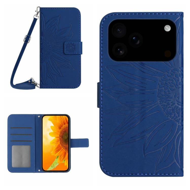 Skin Feel Sun Flower Estuche de cuero con tapa en relieve para teléfono con cordón, For iPhone 17e / 16e, For iPhone 17 Pro Max, For iPhone 17 Pro, For iPhone 17