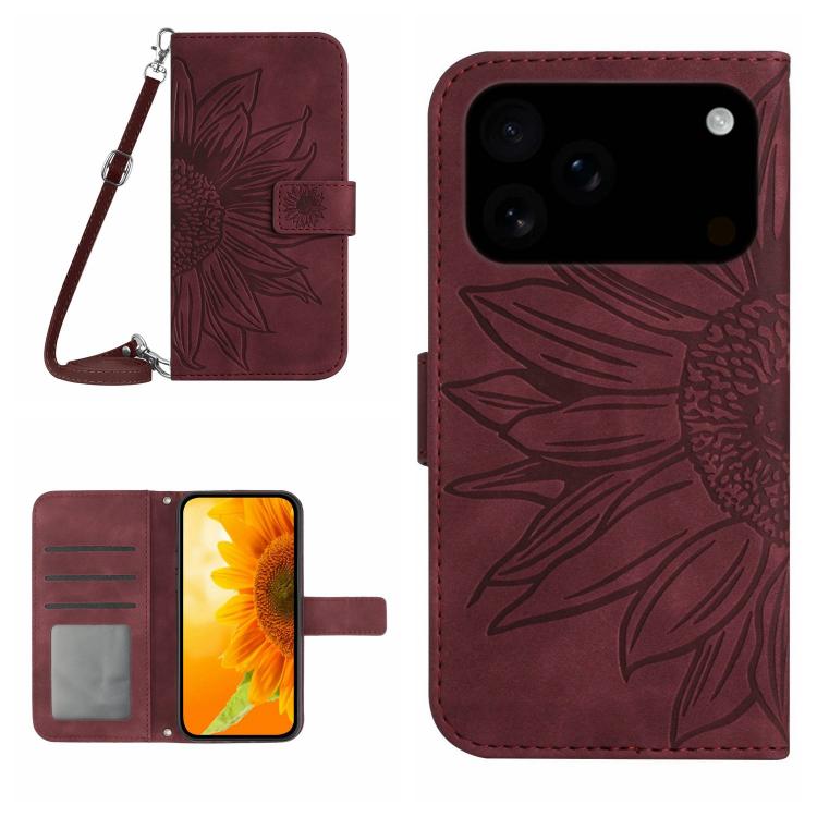 Skin Feel Sun Flower Estuche de cuero con tapa en relieve para teléfono con cordón, For iPhone 17e / 16e, For iPhone 17 Pro Max, For iPhone 17 Pro, For iPhone 17