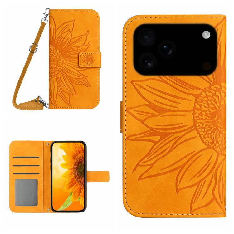 Skin Feel Sun Flower Estuche de cuero con tapa en relieve para teléfono con cordón, For iPhone 17e / 16e, For iPhone 17 Pro Max, For iPhone 17 Pro, For iPhone 17