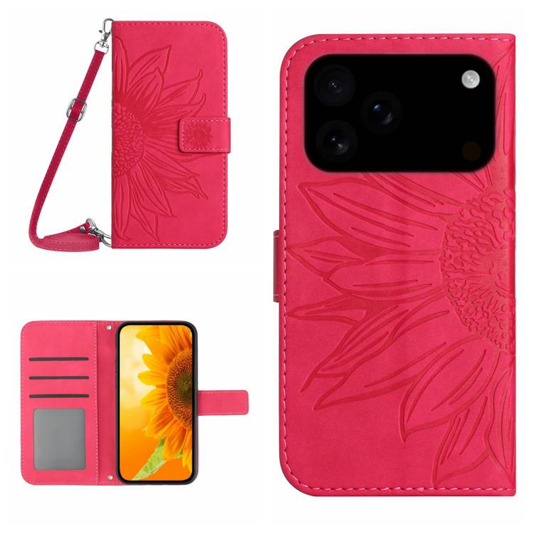 Skin Feel Sun Flower Estuche de cuero con tapa en relieve para teléfono con cordón, For iPhone 17e / 16e, For iPhone 17 Pro Max, For iPhone 17 Pro, For iPhone 17