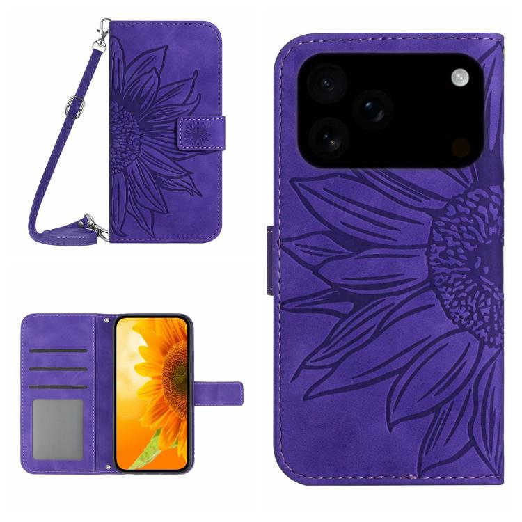 Skin Feel Sun Flower Estuche de cuero con tapa en relieve para teléfono con cordón, For iPhone 17e / 16e, For iPhone 17 Pro Max, For iPhone 17 Pro, For iPhone 17