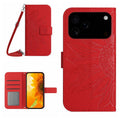 Skin Feel Sun Flower Estuche de cuero con tapa en relieve para teléfono con cordón, For iPhone 18 Pro / 17 Pro, For iPhone 18 Pro Max / 17 Pro Max, For iPhone 17e / 16e, For iPhone 17